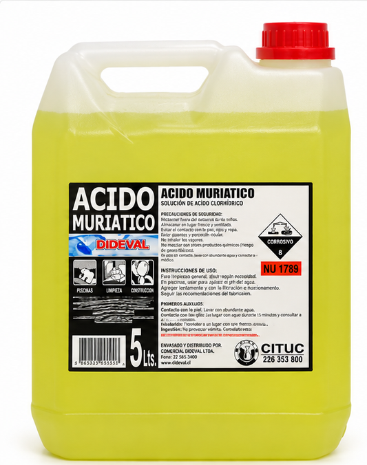 Vista frontal del bidón de ácido muriático Dideval de 5 litros