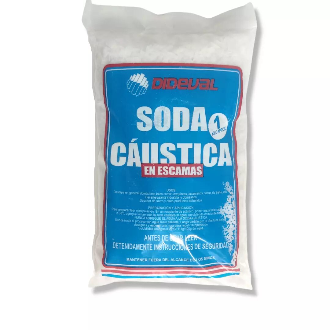Soda cáustica en escamas Dideval 1 kg bolsa original fondo blanco