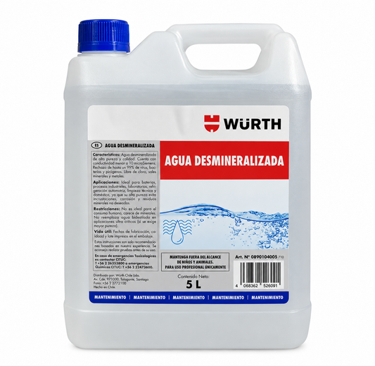 Agua desmineralizada Würth 5 litros fondo blanco