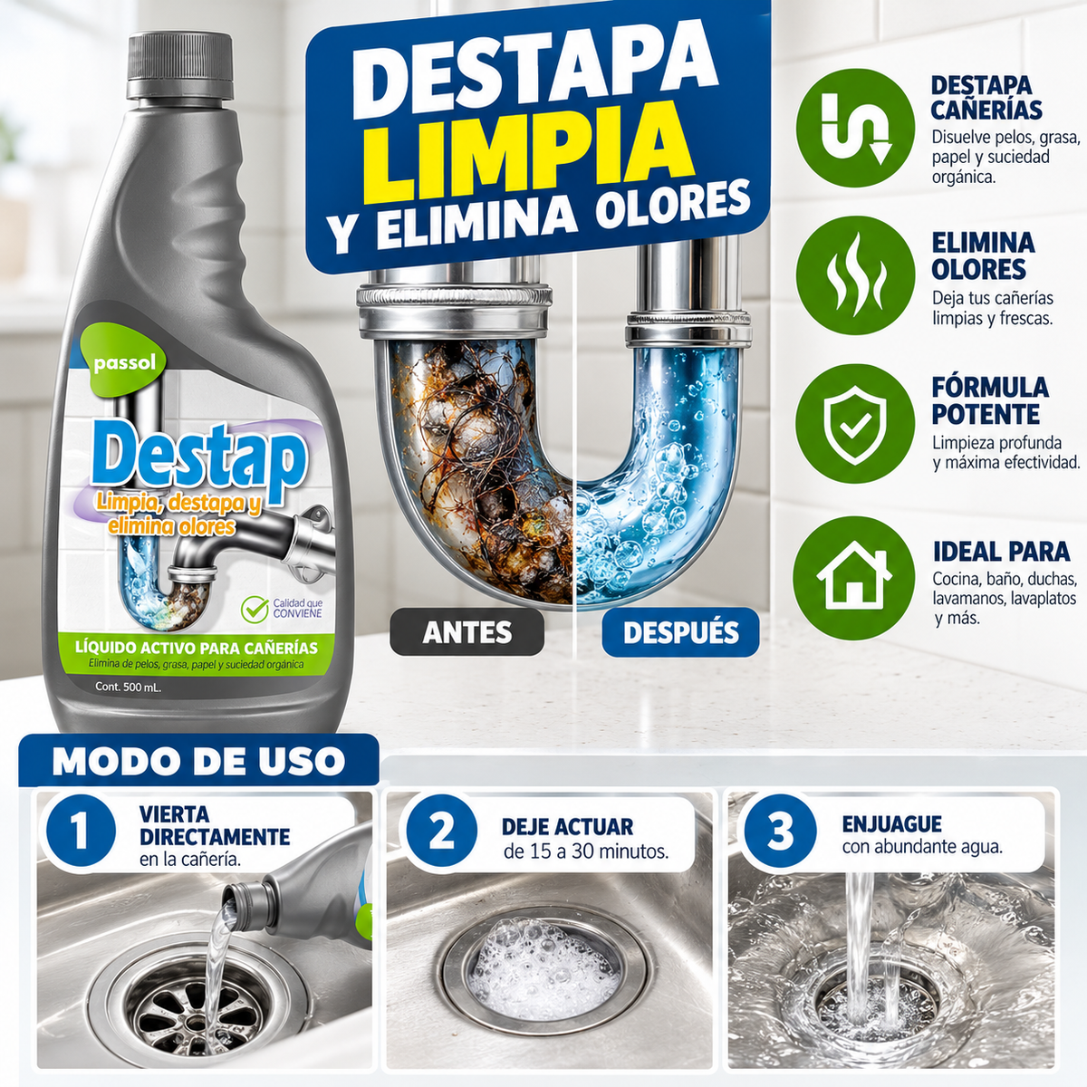 Infografía referencial de Destap Passol 500 ml: beneficios y aplicación