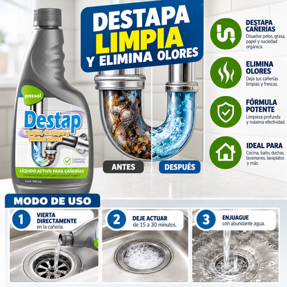 Infografía referencial de Destap Passol 500 ml: beneficios y aplicación