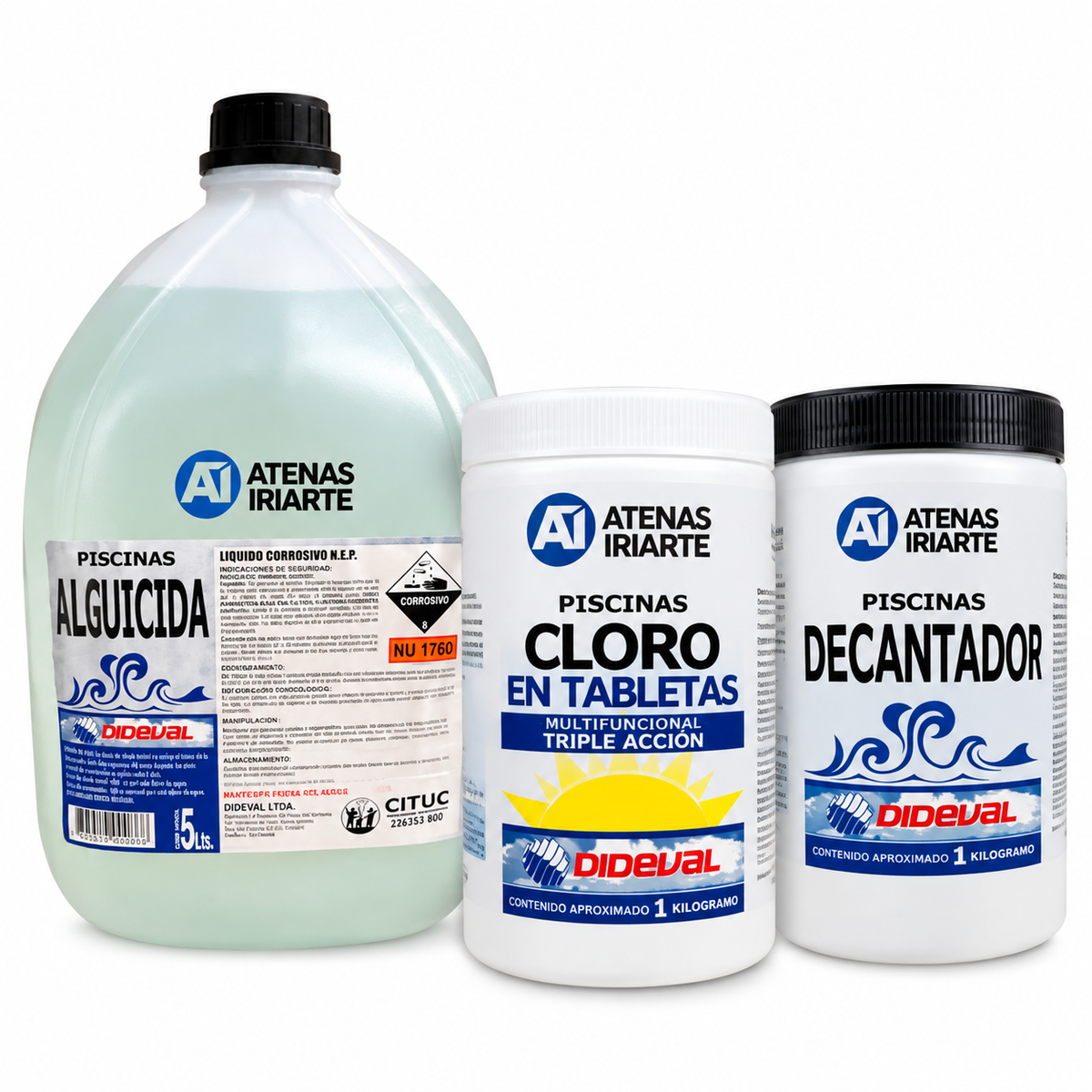 Kit Dideval alguicida 5 litros, decantador 1 kg y cloro triple acción 1 kg