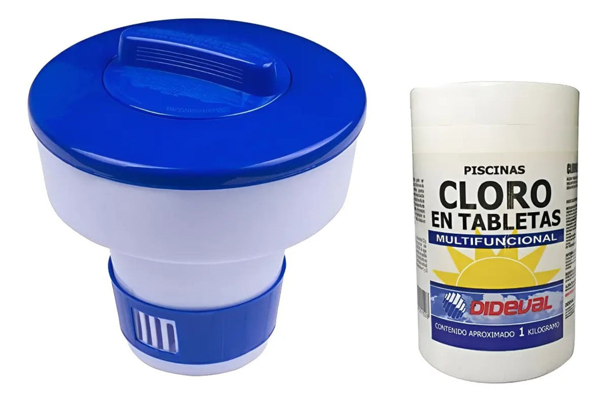 Dosificador flotante mediano azul y cloro tabletas Dideval 1 kg juntos