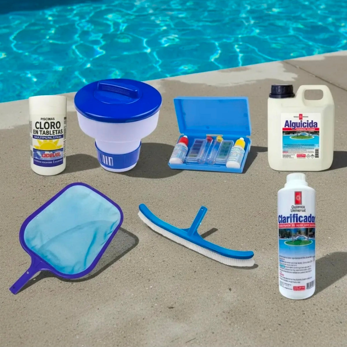 Kit piscina siete productos con cloro Dideval, alguicida y clarificador Química Universal, dosificador, analizador, cepillo y red