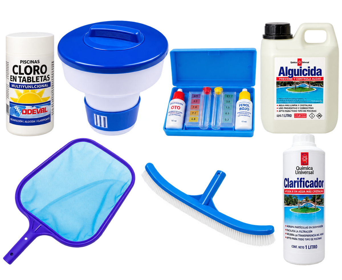 Kit piscina siete productos sobre fondo blanco
