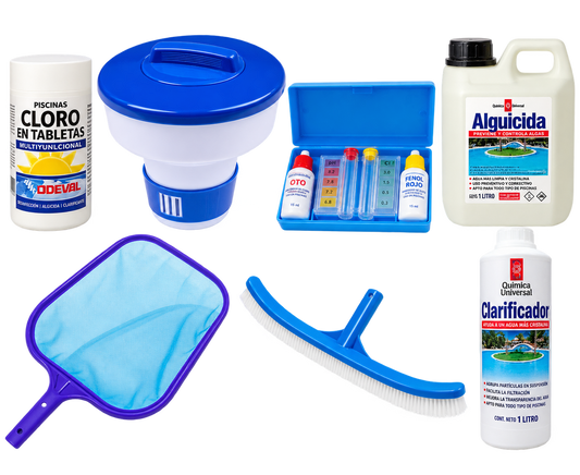 Kit piscina siete productos sobre fondo blanco
