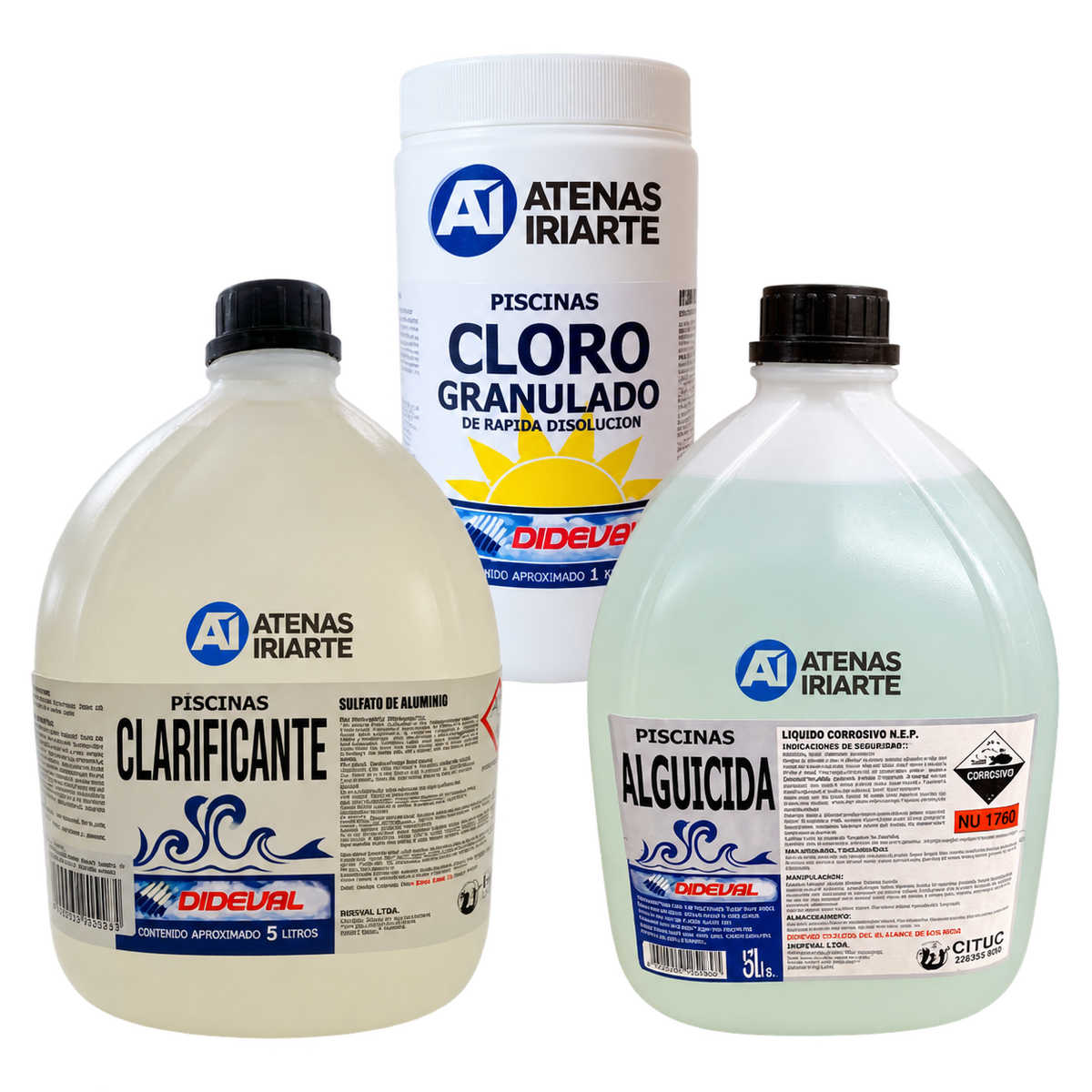 Pack Dideval alguicida 5 L, clarificante 5 L y cloro granulado 1 kg sobre fondo blanco