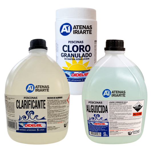 Pack Dideval alguicida 5 L, clarificante 5 L y cloro granulado 1 kg sobre fondo blanco