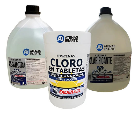 Kit Dideval alguicida 5 L, clarificante 5 L y cloro tabletas triple acción 1 kg
