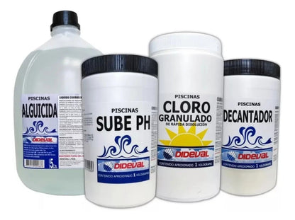 Kit Dideval alguicida 5 litros, cloro granulado 1 kg, decantador 1 kg y sube pH 1 kg