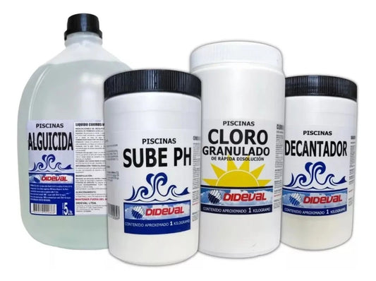 Kit Dideval alguicida 5 litros, cloro granulado 1 kg, decantador 1 kg y sube pH 1 kg