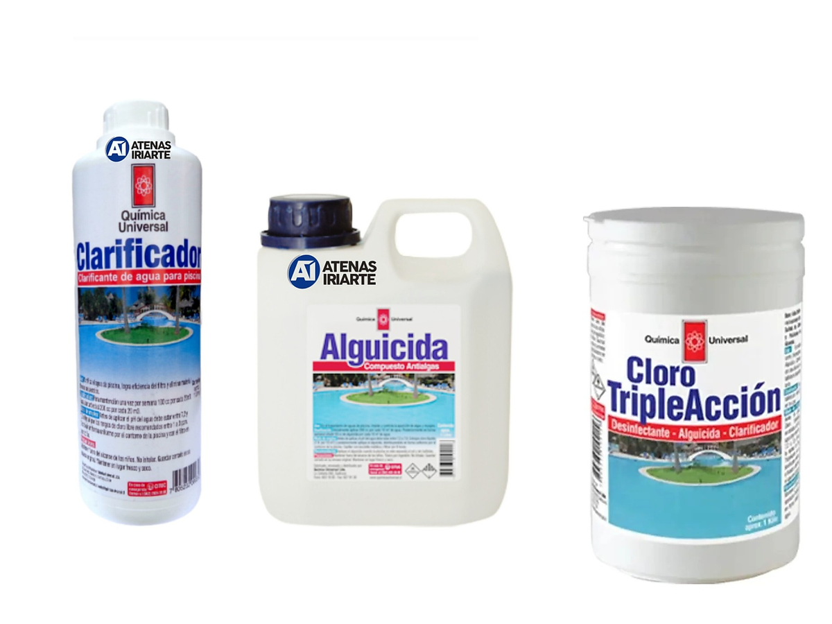 Kit piscina Química Universal con alguicida, clarificador y tabletas triple acción, imagen de conjunto