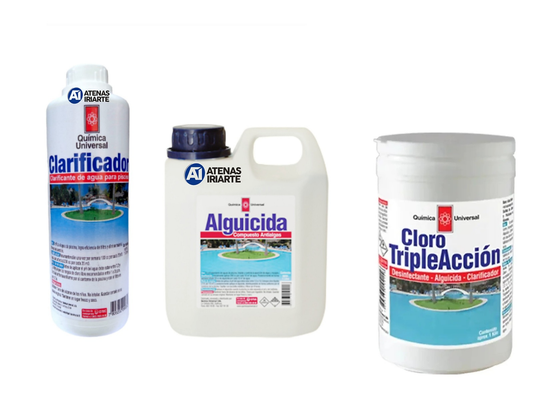 Kit piscina Química Universal con alguicida, clarificador y tabletas triple acción, imagen de conjunto
