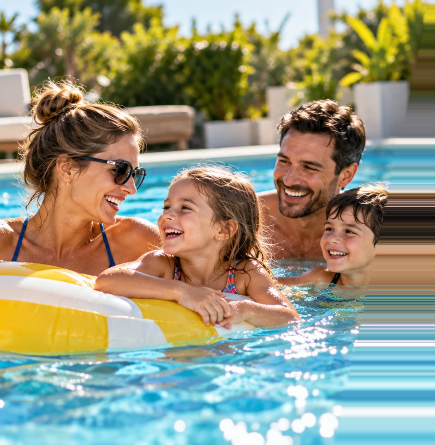 Familia disfrutando en una piscina limpia