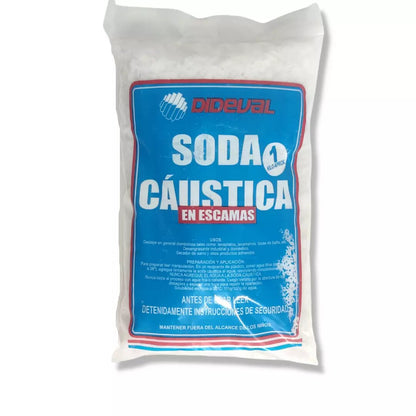 Soda cáustica en escamas Dideval 1 kg bolsa original fondo blanco