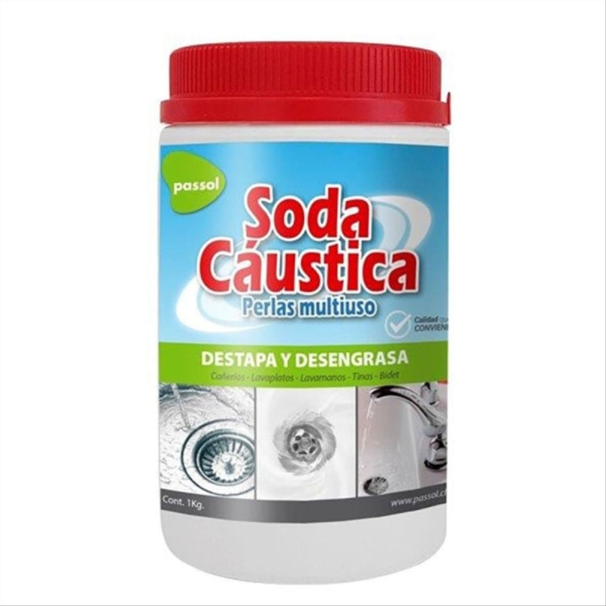 Soda cáustica perlada Passol 1 kilo pote blanco con tapa roja