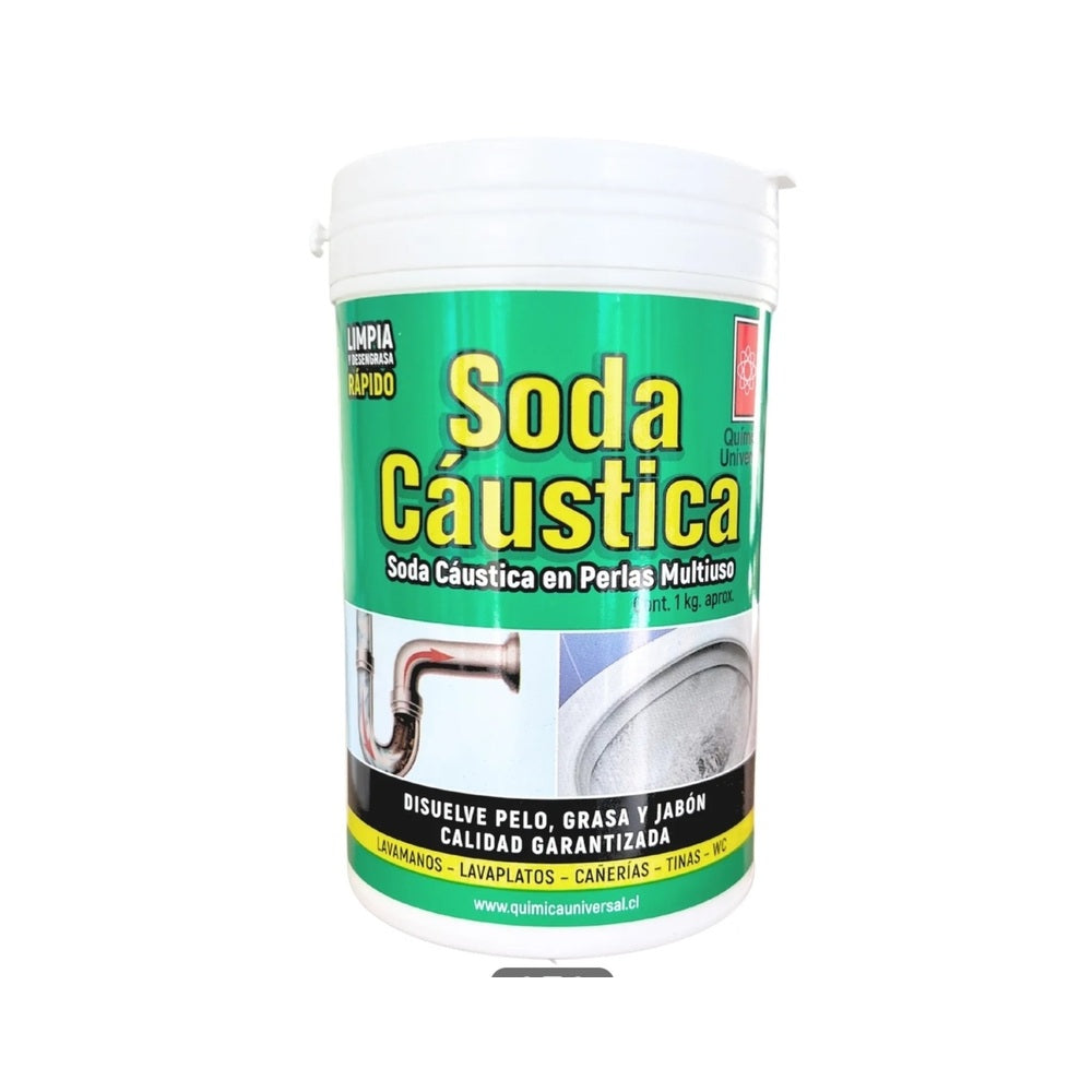 Soda cáustica en perlas Química Universal pote 1 kg frontal
