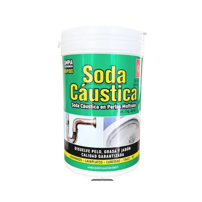 Soda cáustica en perlas Química Universal pote 1 kg frontal