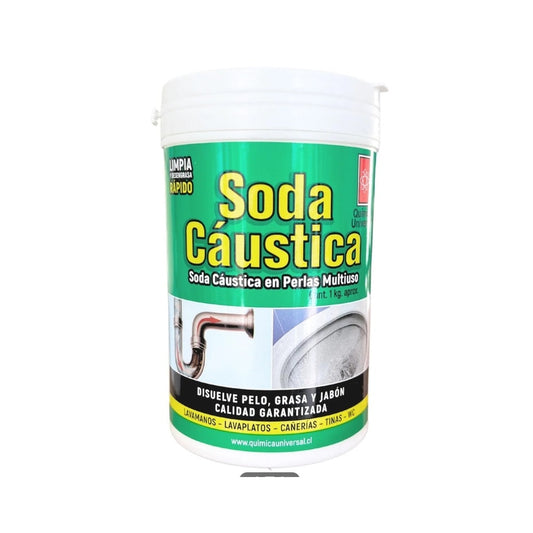 Soda cáustica en perlas Química Universal pote 1 kg frontal